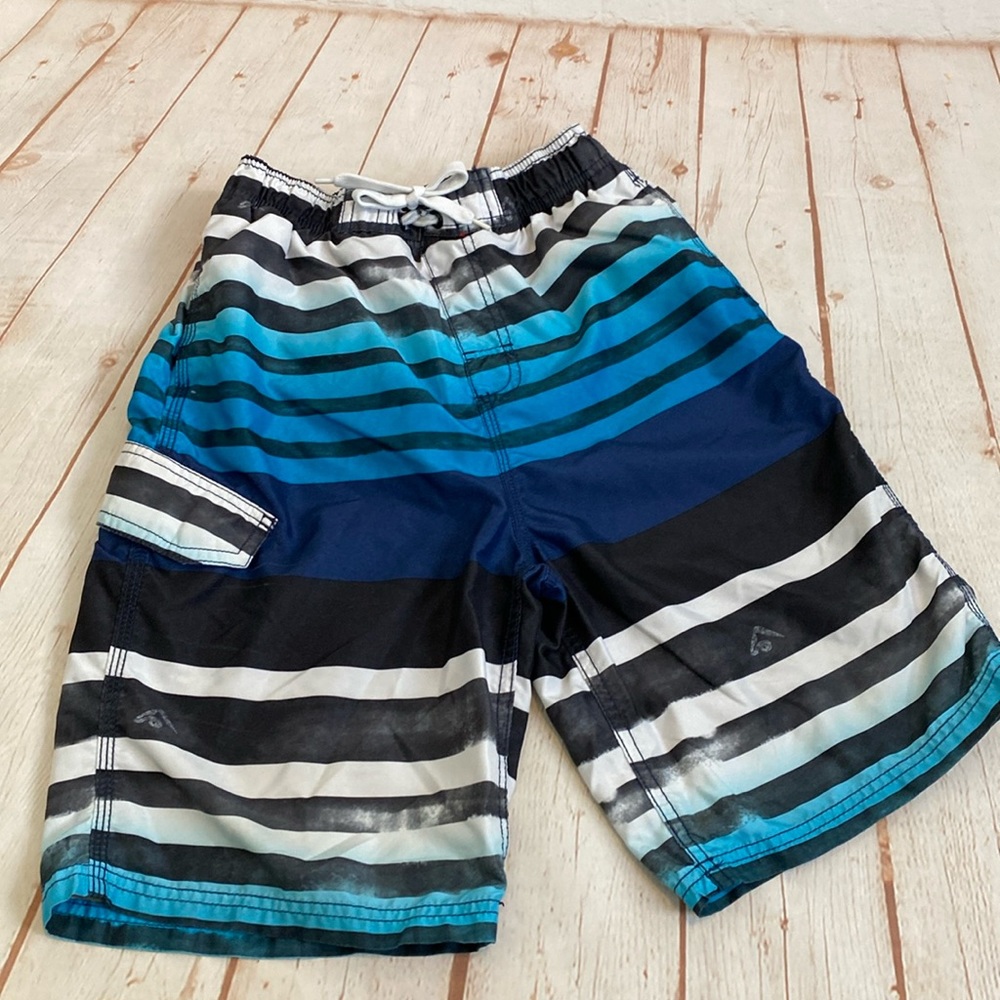 Kanu Surf Boys UPF 50 Quick Dry Beach Swim Trunks in Blue/Turquoise/Black Stripe
